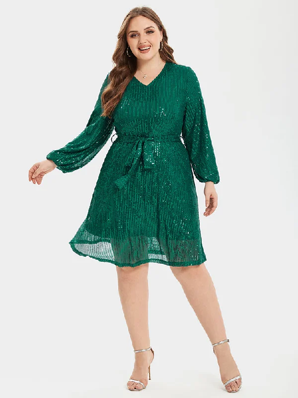 V-Neck Lantern Sleeve Belted Sequin Party Dress Tunics Floral girly