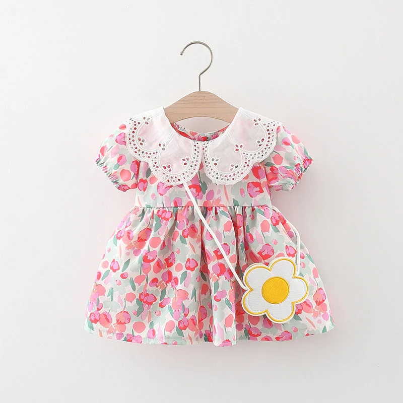 Toddler Dress Sweet Baby Lace Lapel Graffiti Dress Tunics Satin smooth