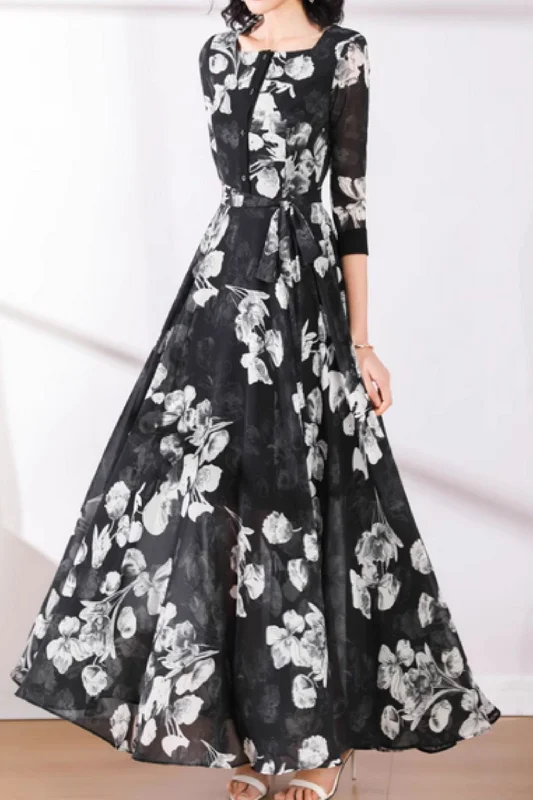 Black flower printed maxi summer chiffon dress 5073 Tunics Cozy comfortable