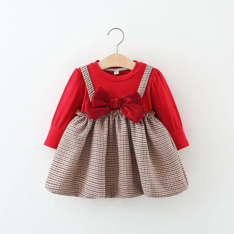 Bow Check Dress Long Sleeve Suspender Dress Tunics Floral girly