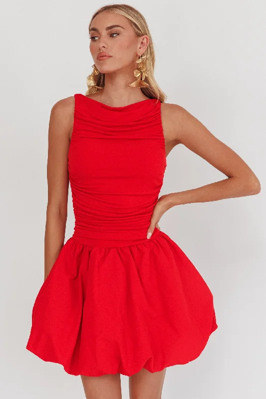 Dalayla Sleeveless Balloon Skirt Mini Dress Red Trendy Button-Detail Mini Dress