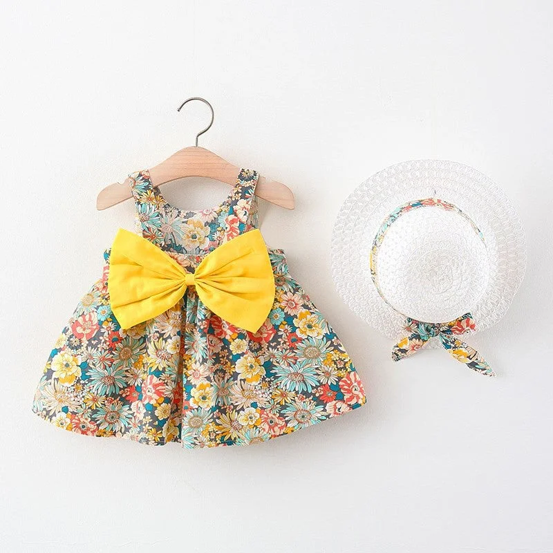 Cute Baby Girl Beach Dress with Floral Straps and Bow Tunics Solid Classic