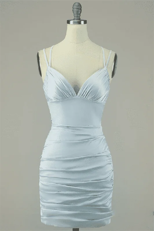 Grey Sheath Double Straps Lace-Up Back Pleated Satin Mini Dress Trendy Crossover Mini Dress