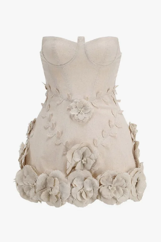 Opulent Balconette Bustier Strapless Linen Blend Rosette Micro Mini Party Dress Square Neckline Feminine Opulent Balconette Bustier Strapless Linen Blend Rosette Micro Mini Party Dress Square Neckline Feminine