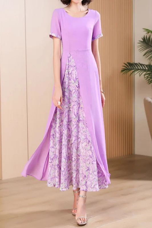 Block color maxi purple chiffon dresses 5010 Tunics Leisure comfortable