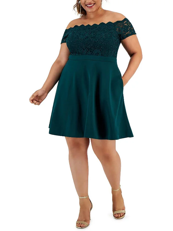 Plus Womens Lace Trim Mini Fit & Flare Dress Tunics Vintage classic