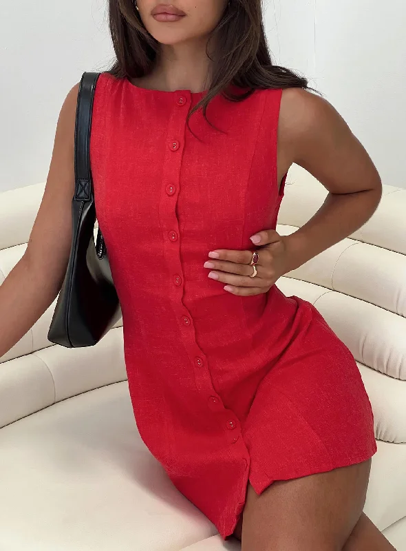 Dollie Linen Mini Dress Red Comfortable Polka Dot Mini Dress