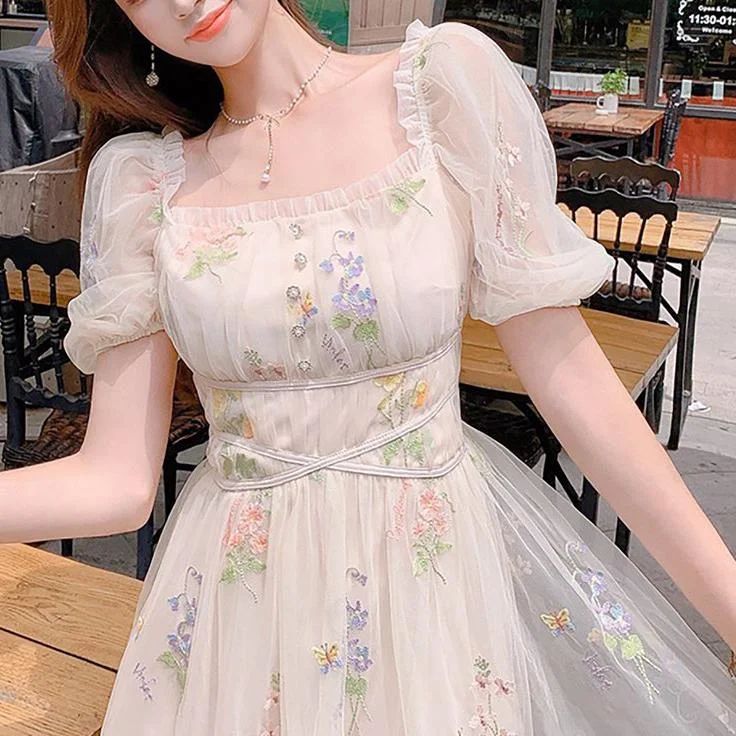 French Gauzy Fairy Dress,Square-neck Puff Sleeve Dress,French Vintage Dress,Milkmaid Dress,Victorian Dress,Cottagecore Dress,Summer Dress Tunics Floral girly