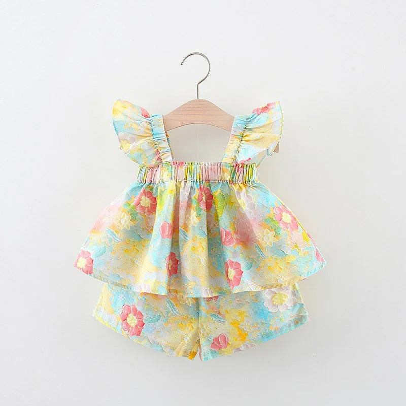 Baby Girls Set Printed Sling Fly Sleeve Princess Dress Tunics Practical easy-care