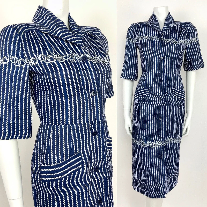 VINTAGE 60s 70s NAVY BLUE WHITE ROPE KNOT SHIRT WAIST DRESS 8 10 Tunics Formal black VINTAGE 60s 70s NAVY BLUE WHITE ROPE KNOT SHIRT WAIST DRESS 8 10 Tunics Formal black