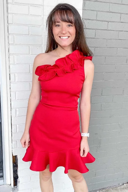 Red One-Shoulder Ruffled Mermaid Short Party Dress Tunics Chic fashionable