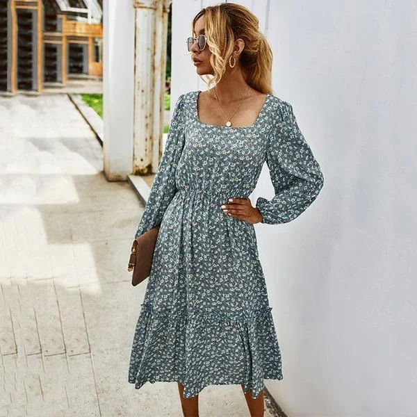 Women Long Dress Spring Winter Long Sleeve Elegant Ladies Flower Square Collar Dresses Party Tunics Leisure comfortable