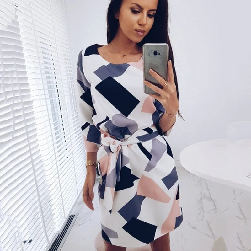 2018 Geometric Printed Sashes Pockets Autumn Dress Woman Three Quarter Sleeves O-Neck Fall Casual Loose Straight Mini Dresses Comfortable Polka Dot Mini Dress 2018 Geometric Printed Sashes Pockets Autumn Dress Woman Three Quarter Sleeves O-Neck Fall Casual Loose Straight Mini Dresses Comfortable Polka Dot Mini Dress