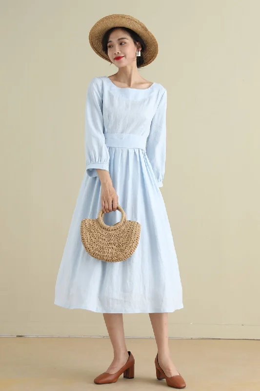 Blue A Line pleated Linen Cottagecore Dress  279201 Tunics Sophisticated sleek