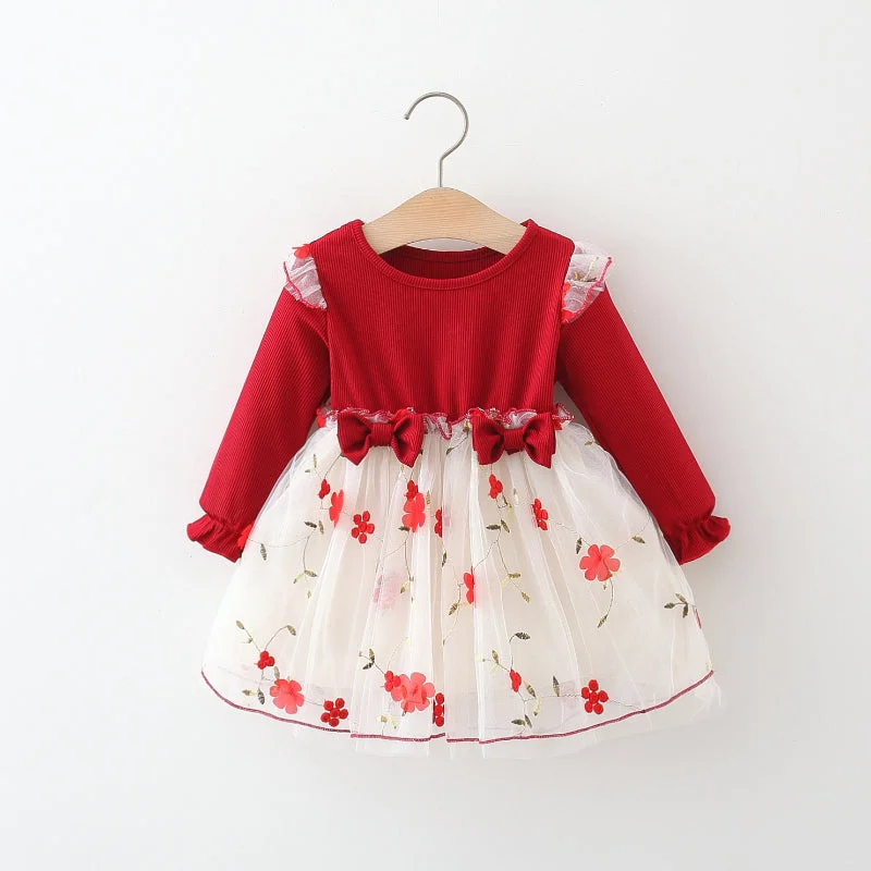 Girls Two Bows Dress Flower Mesh Princess Dress Square Neckline Feminine