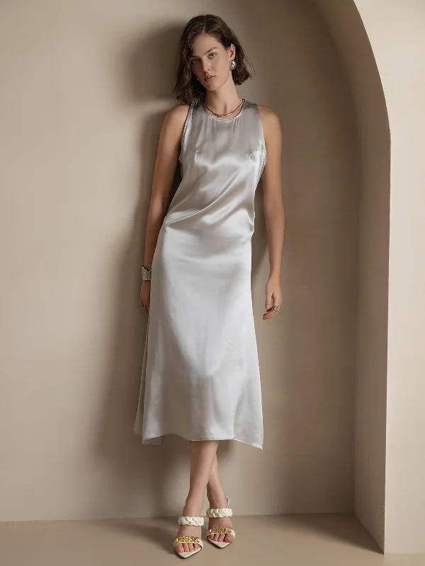 19Momme Silk Casual Sleeveless Long Dress Tunics Spring floral