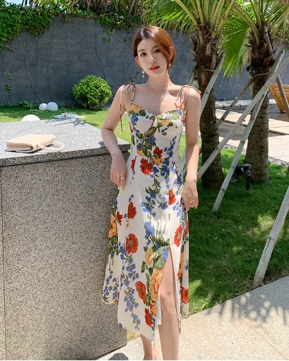 Trendy Backless High Slit Floral Maxi Slip Dress Crew Neckline Sporty