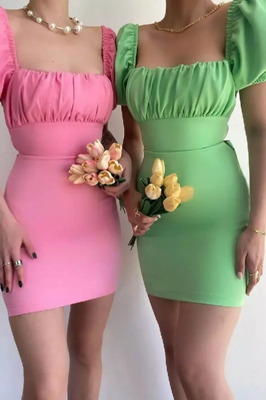 Sheath/Column Square Short Sleeves Short Homecoming Party Dress QH0819 Pencil Length Work