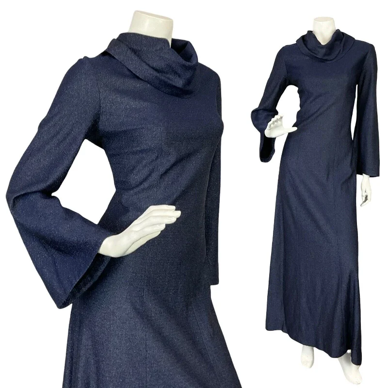VTG 70S HIPPY DISCO BELL SLEEVE NAVY BLUE LUREX COWL NECK MMAXI PARTY DRESS 10 Tunics Summer linen VTG 70S HIPPY DISCO BELL SLEEVE NAVY BLUE LUREX COWL NECK MMAXI PARTY DRESS 10 Tunics Summer linen