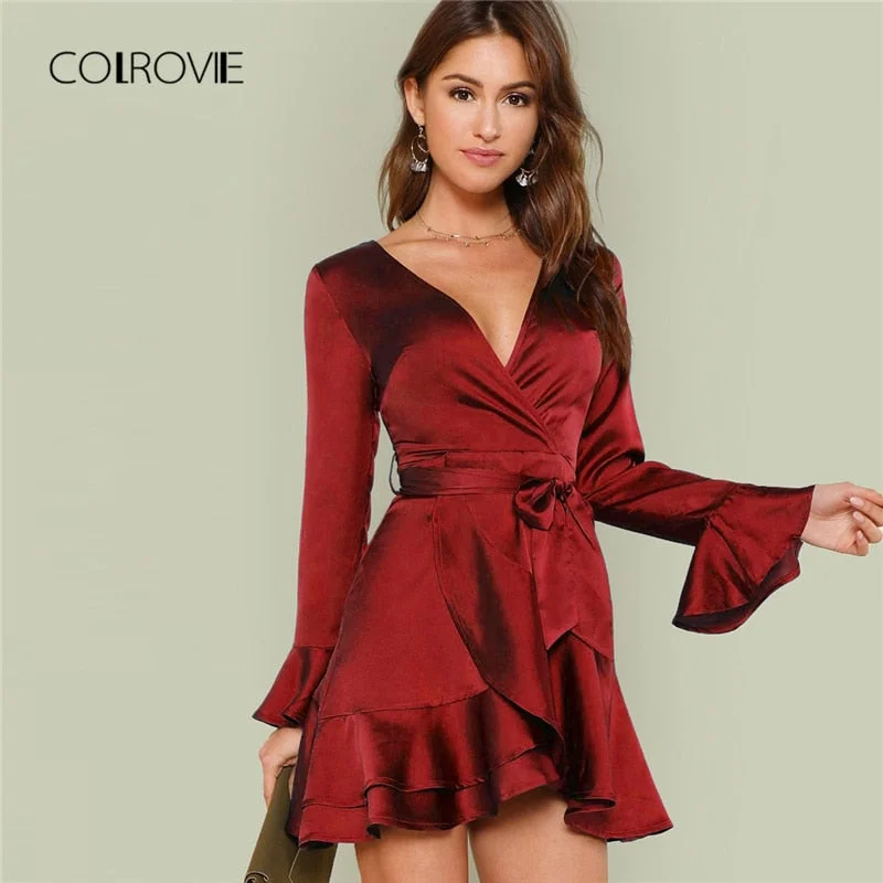 COLROVIE Burgundy V-Neck Ruffle Belted Cut Out Christmas Party Dress Women 2018 Autumn Long Sleeve Sweet Sexy Dress Mini Dresses Bodycon Fitted Nightout COLROVIE Burgundy V-Neck Ruffle Belted Cut Out Christmas Party Dress Women 2018 Autumn Long Sleeve Sweet Sexy Dress Mini Dresses Bodycon Fitted Nightout