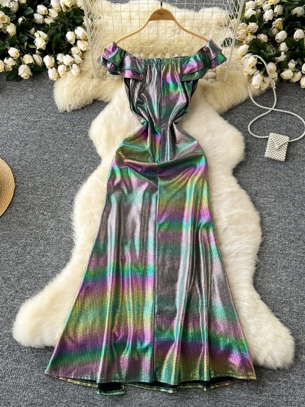 Ruffle Off-Shoulder Metallic Party Dress Tunics Running lightweight