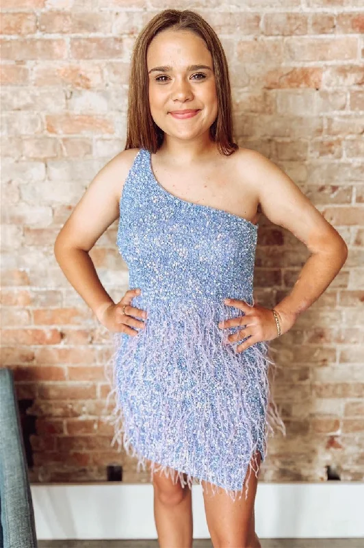Light Blue Sequin One-Shoulder Short Party Dress with Feathers Cowl Neckline Elegant Light Blue Sequin One-Shoulder Short Party Dress with Feathers Cowl Neckline Elegant