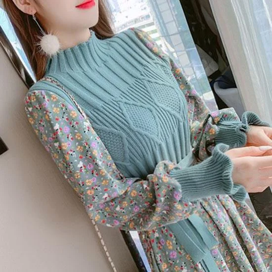 Autumn Winter Corduroy Dress Women's Knitted Stitching Long-sleeved Long Floral Dress Sweet A-line Dress with Belt Tunics Top rated Autumn Winter Corduroy Dress Women's Knitted Stitching Long-sleeved Long Floral Dress Sweet A-line Dress with Belt Tunics Top rated