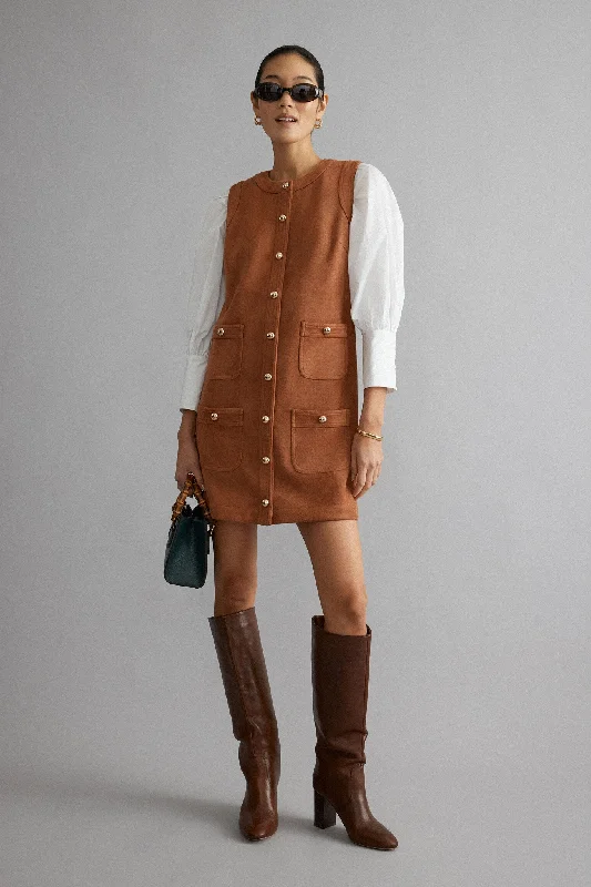 Cognac Suede Ollie Dress Cowl Neckline Elegant