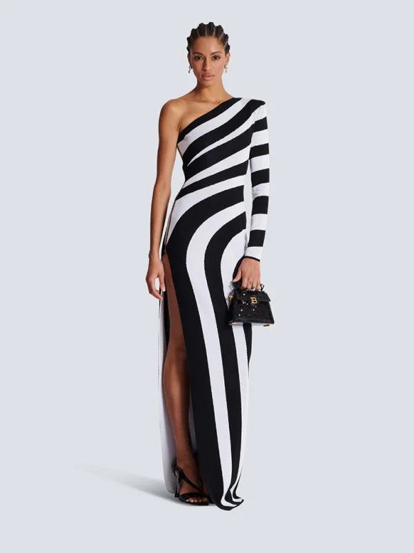 Zebra Print One Shoulder Long Sleeve Bare Leg Bandage Dress Banquet Party Dress Tunics Modern contemporary