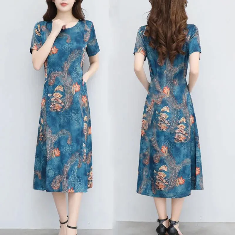 Retro Print Short-sleeved Dress Women Summer Plus Size Mid-length A-line Dress Tunics Handmade artisanal Retro Print Short-sleeved Dress Women Summer Plus Size Mid-length A-line Dress Tunics Handmade artisanal