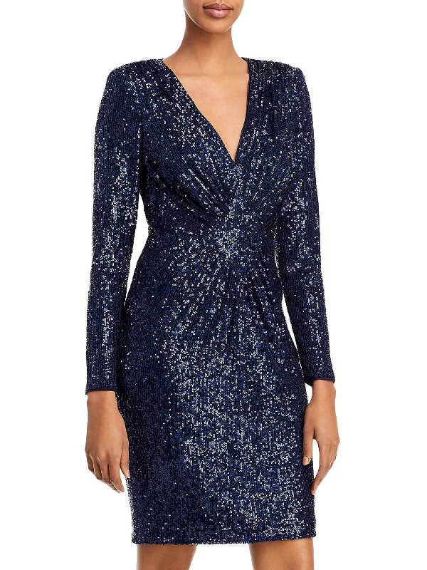 Womens Sequined Long Sleeves Cocktail and Party Dress Satin Halter Glamorous
