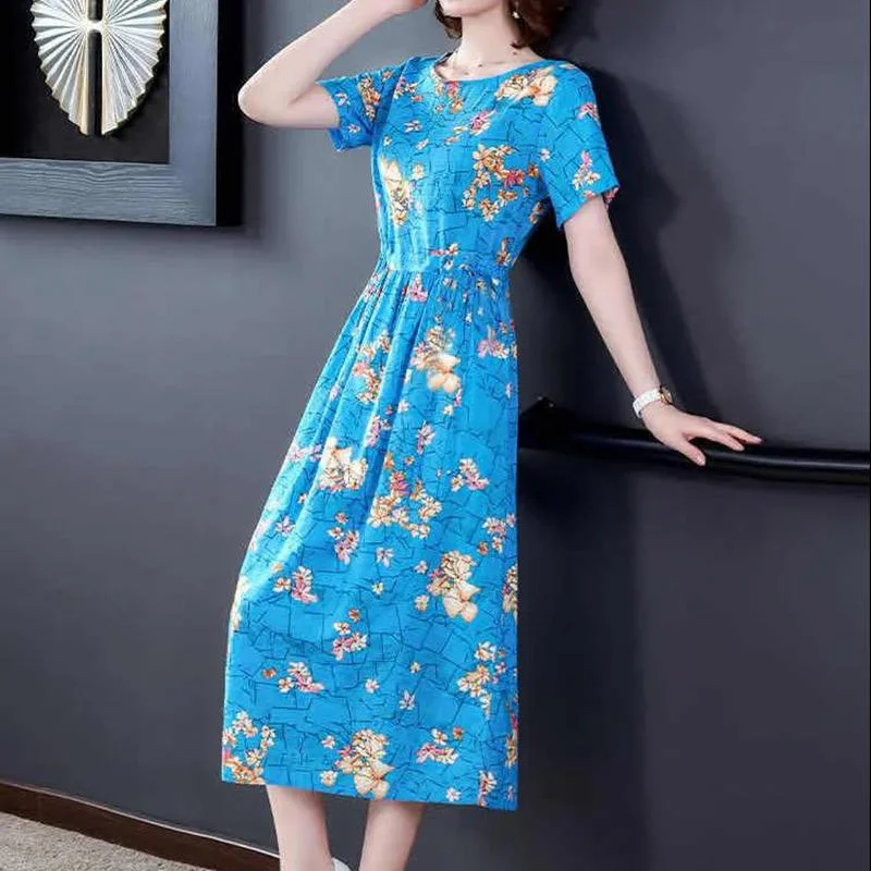 Ice Silk Elegant Printed Short-sleeved Dress Temperament Elasticated Waist Thinner Women's Floral Pattern Dress Light Fabric Comfortable and Soft Tunics Polka dots Ice Silk Elegant Printed Short-sleeved Dress Temperament Elasticated Waist Thinner Women's Floral Pattern Dress Light Fabric Comfortable and Soft Tunics Polka dots