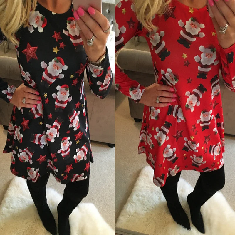 Large Size Print Dress For Women 2018 Autumn New Christmas Cartoon Casual Dresses Long Sleeve Mini Dress Plus Size S-5XL On Sale Trendy Crossover Mini Dress
