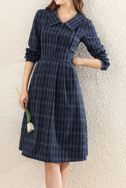 Blue plaid dress with lapel collar for women 4887 Tunics Spring floral