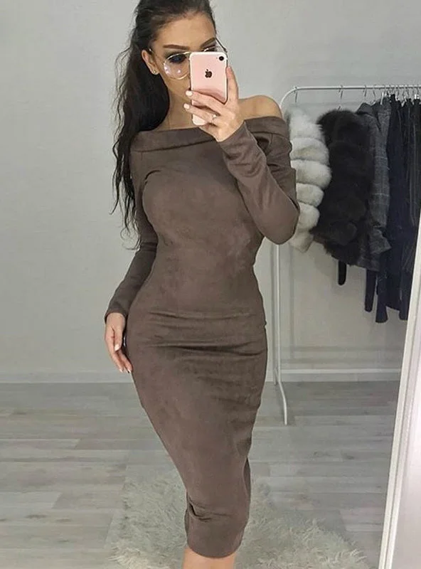 Long Sleeve off shoulder Women mid-calf Dress Tunics Travel practical
