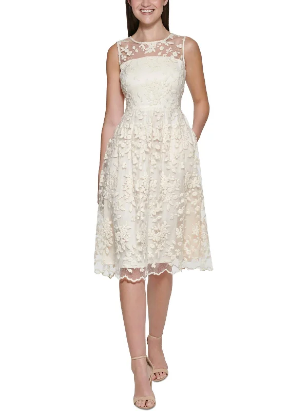 Womens Embroidered Knee Cocktail and Party Dress Boat Neckline Classic
