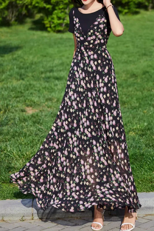Black floral printed maxi summer chiffon dress 5086 Tunics Versatile stylish