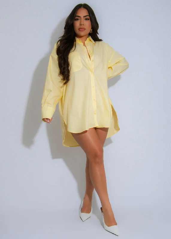 Effortless Chic Shirt Mini Dress Yellow Fashionable Lace-Trim Mini Dress