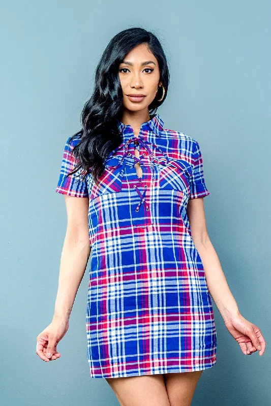 Plaid Mini Dress with Lace Up Collar and Front Flap Pockets (70015) Cozy Cotton Mini Dress Plaid Mini Dress with Lace Up Collar and Front Flap Pockets (70015) Cozy Cotton Mini Dress