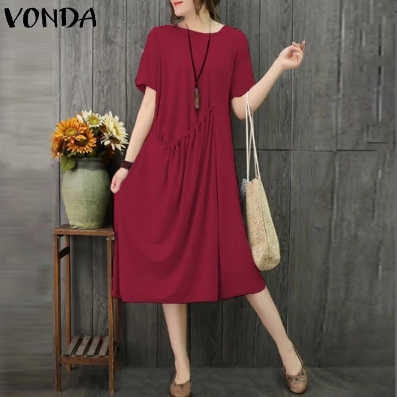 VONDA Women Dress 2019 Summer Female Casual Loose Solid Party Dresses Vintage O Neck Short Sleeve A Line Vestidos Plus Size Chiffon Maxi Beach VONDA Women Dress 2019 Summer Female Casual Loose Solid Party Dresses Vintage O Neck Short Sleeve A Line Vestidos Plus Size Chiffon Maxi Beach