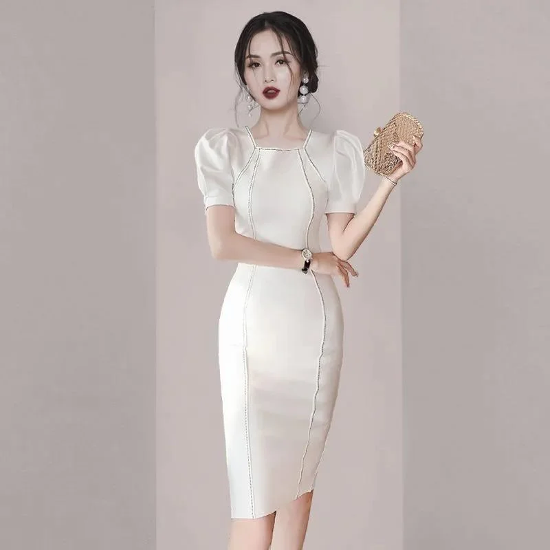 Goddess Fan OL Temperament Slim Slimming Professional Skirt Summer Dress Female Short-sleeved Square Neck Bag Hip Dress Tunics Trendy modern Goddess Fan OL Temperament Slim Slimming Professional Skirt Summer Dress Female Short-sleeved Square Neck Bag Hip Dress Tunics Trendy modern