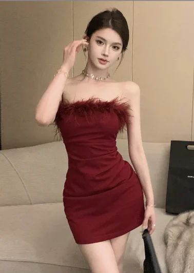 Stylish Ruby Red Feather - Embellished Mini Party Dress Tunics Luxurious premium