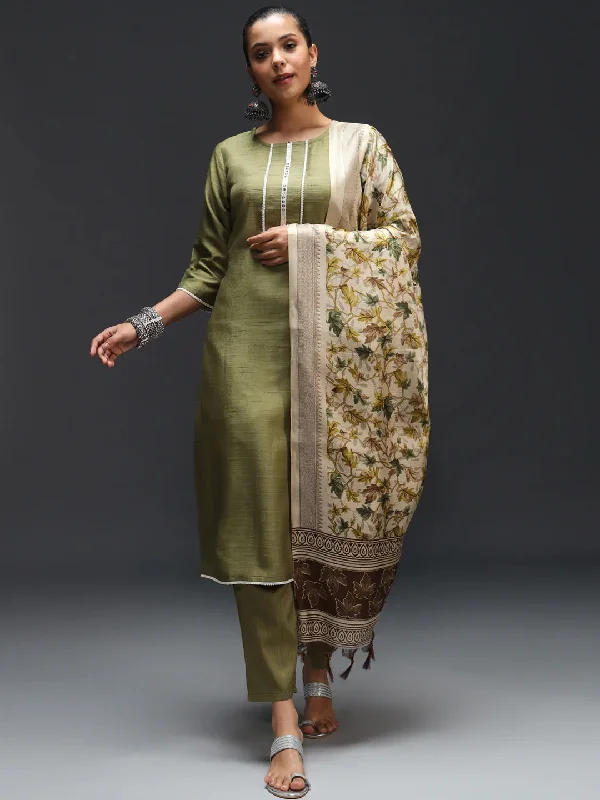 Olive Green Designer Pant Suit With Embroidery Work Relaxed Linen Pants