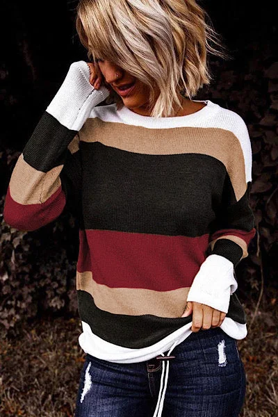 Drawstring Sweater - Bright Red Solid Color Striped Floral Print