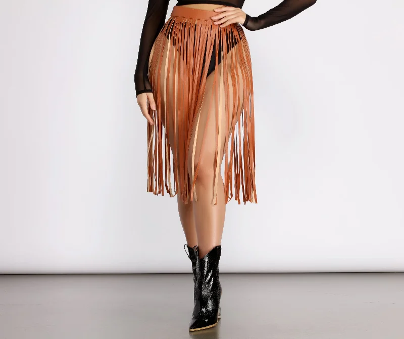 Rockin' Hun' Faux Leather Fringe Belted Skirt silk skirt sleek