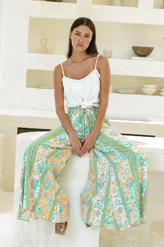 Eden Green Boho Wide Leg Pants High-Waist Trousers