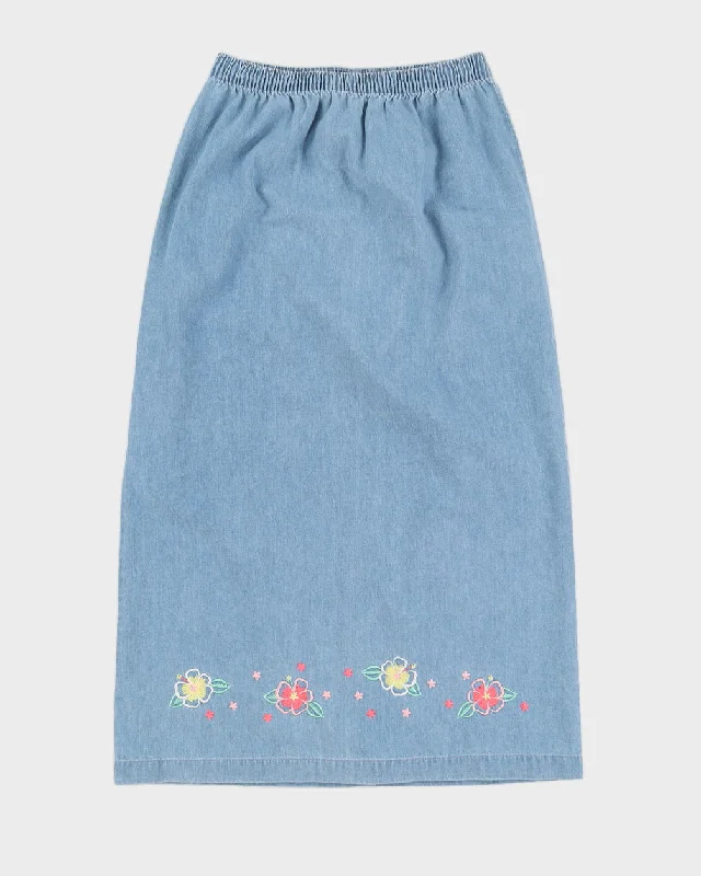 Vintage 90s Alia Sport Denim Midi Skirt With Floral Embroidery - S wool skirt warm