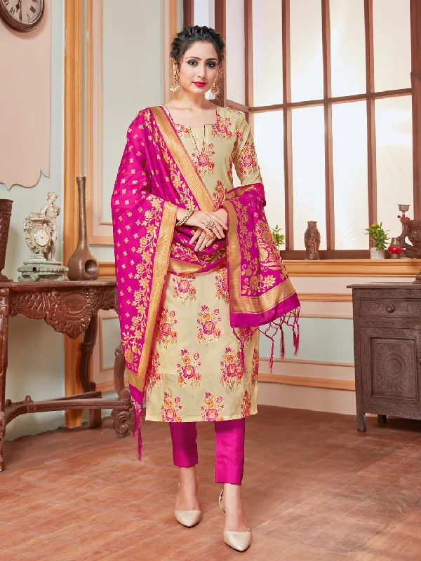 Cream Banarasi Silk Pant Suit With Wevon Design Stretch Fit Pants