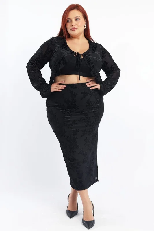 Black Stretch Burnout Bodycon Midi Skirt tulle skirt dreamy