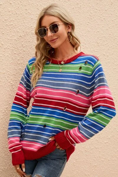 Striped Distressed Cutout Round Neck Sweater Mesh Fabric Canvas Fabric Denim Fabric